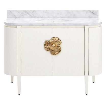 Mobiletto da toeletta a mezzaluna con piano in marmo bianco e fiori in ottone