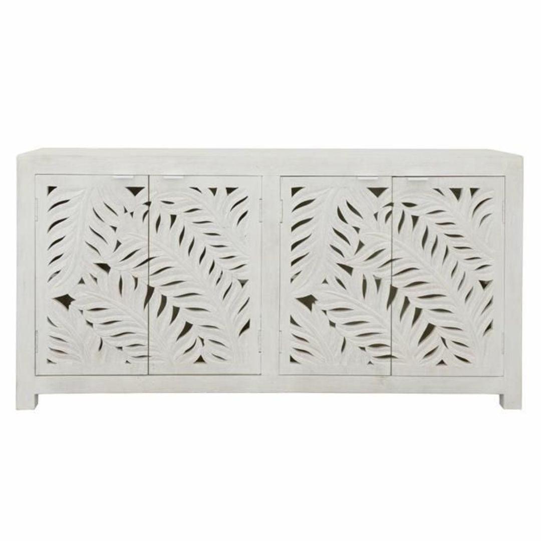 Elegante credenza in legno intagliato con palma bianca