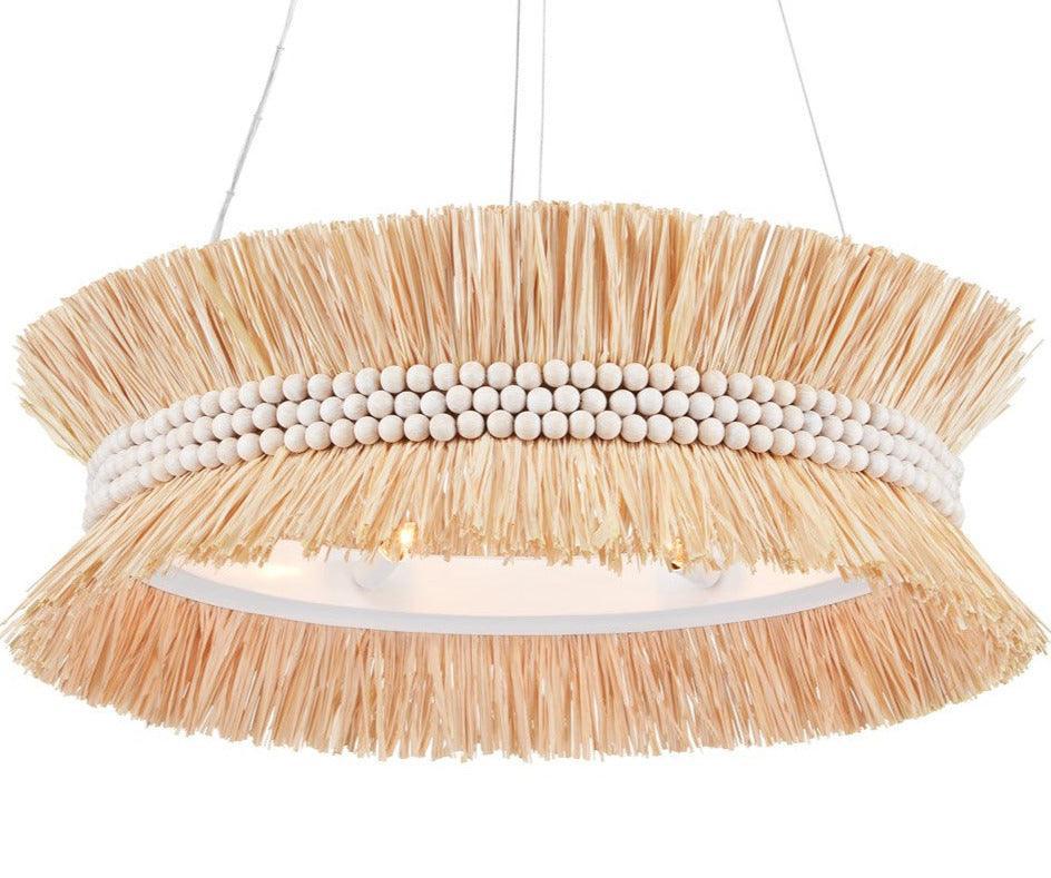 Lampadario in rafia naturale con perline di legno