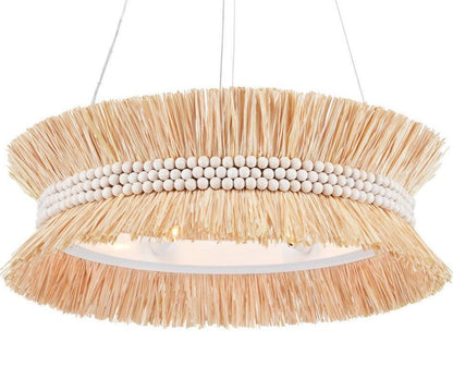 Lampadario in rafia naturale con perline di legno